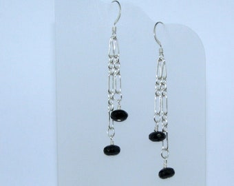 Sterling Silver Chain Earrings with Black Faceted Bead Dangles, Long Silver and Black Earrings on Sterling Silver Ear Wires