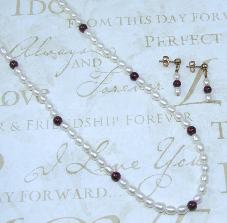 Pearl and Garnet Necklace and Earring Set Bridal Pearl Set Genuine 18 Inch Pearl Jewelry Set