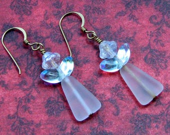Frosted Glass Angel Earrings on Gold Filled Ear Wires, Angelic Celestial Jewelry