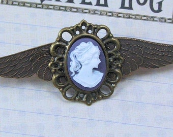 Winged Steampunk Lavender Cameo Pin, Airship Pirate Wings, Victorian Winged Pin, Brass Captain's Wings