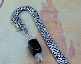 Dragon Bookmark with Obsidian and Quartz Beaded Dangle, Fantasy Silver Dragon Bookmark, Book Lover Gift