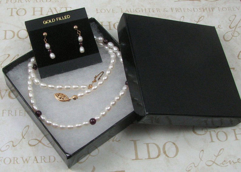 Pearl and Garnet Necklace and Earring Set Bridal Pearl Set Genuine 18 Inch Pearl Jewelry Set
