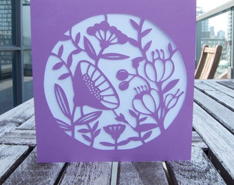handmade card, colourful card, handcut, greeting card, blank card, purple flowers