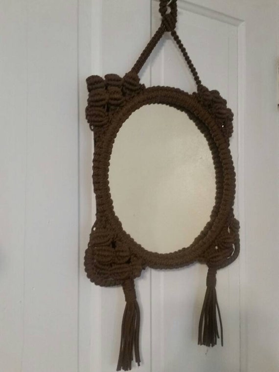 Vintage Macrame Hanging Mirror Chocolate Brown Wall 1970s Autumn Vigor 70s