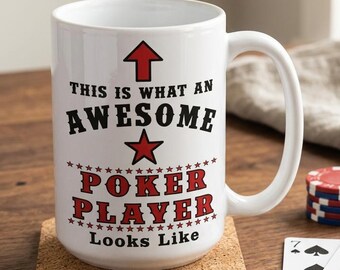 Awesome Poker Player Mug, Red Black Novelty Coffee Cup, Card Game Quote Tea Cup, Funny Birthday Present Idea for Him and Her