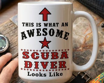 Funny Scuba Diver Mug, Awesome Underwater Quote Coffee Cup, Red Black Novelty Ceramic Tea Cup, Diving Birthday Gift, Him Her Present Idea