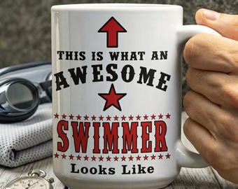 Awesome Swimmer Mug, Funny Swimming Coach Coffee Cup, Novelty Water Sports Drinkware, Swim Team Athlete Birthday Present, Large Teacup