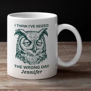 Personalized Sarcastic Owl Mug - I Think I’ve Seized The Wrong Day Custom Name Coffee Cup - Funny Grumpy Bird Office Gift Lacking Enthusiasm
