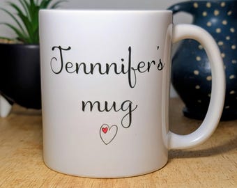 Personalized Name Heart Mug, Custom Romantic Coffee Cup, Sweet Keepsake Valentines Gift, Anniversary Birthday Wife Girlfriend Present