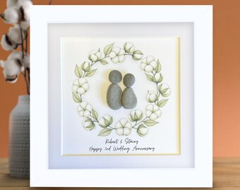 2nd Wedding Anniversary gift: framed personalised pebble art picture with cotton plant wreath design