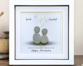 20th Anniversary Pebble Art, Platinum Heart, Framed Anniversary Gift