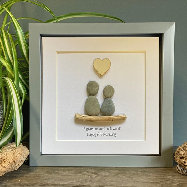 Unique 5th Wedding Anniversary Gift.  5 years married Personalised Pebble Art.  Traditional wood anniversary present for husband or wife.