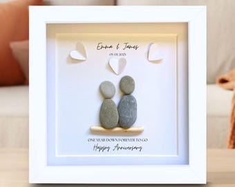 1st Wedding Anniversary Personalised Gift. Unique Couple Pebble Art. Traditional Paper Anniversary present.