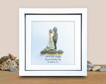 Custom wedding gift for couple, Personalised unique Pebble Art picture, framed rustic gift , stone wall art, ideal for beach wedding theme