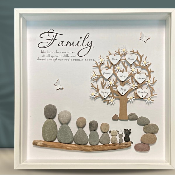 Pebble Art Family Tree Personalised Picture with pets, Beach themed decor, Fun Rock art Family picture for Dad, Unique Funny gifts for Him