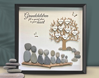 Pebble Art Family Tree Picture Personalised Gift, Custom 80th Birthday for Great Grandma, Unique Grandparent day Gifts for Grandad,