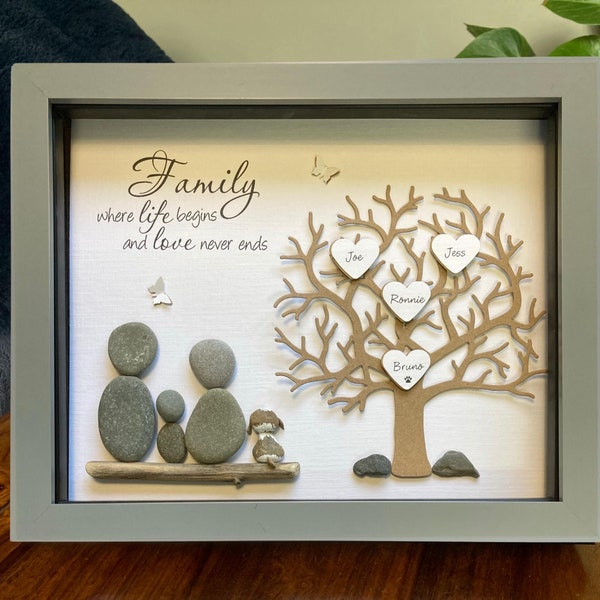 Personalised Pebble art Family Tree Picture, Gift for Parents, Anniversary, New baby, Adoption Day, New home, Unique picture gift,