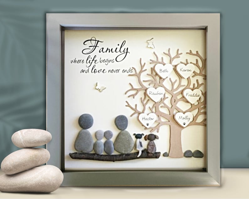 Pebble Art Family Tree picture Personalized gifts for Family. Birthday gift, Wedding Anniversary, Adoption, New Home gift, unique gift. image 1