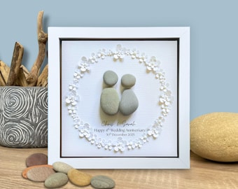 Personalised 4th Anniversary Pebble Art Gift: Custom Paper Flower Couple Portrait