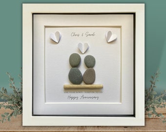 Unique 1st Wedding Anniversary Personalised Gift.  Couple Pebble Art.  Traditional Paper Anniversary present for husband or wife.