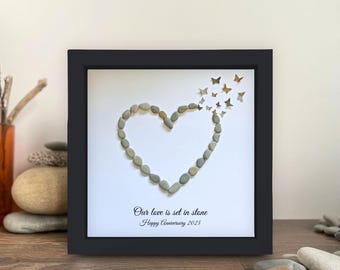 Custom Wedding Pebble Heart gift , Unique framed art handmade from beach stones, Personalised Engagement or Anniversary present,
