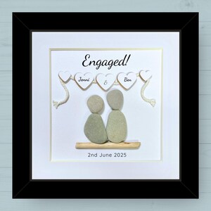 Personalised Pebble art picture in a white frame to celebrate an engagement