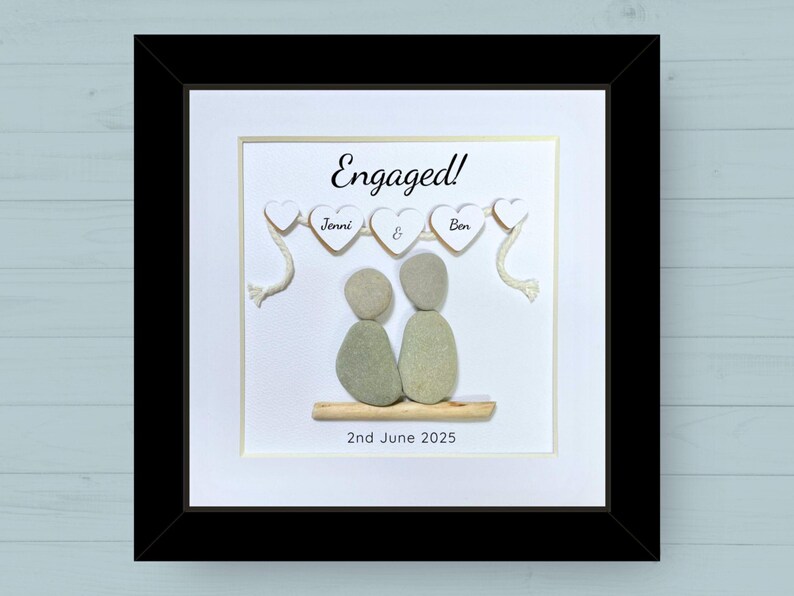 Personalised Pebble art picture in a white frame to celebrate an engagement