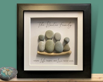 Personalised Pebble art Family picture, for Adoption or Blended Family gift, Framed home wall decor.