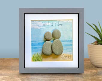 Personalised Engagement Pebble Art Gift: Beach Couple Keepsake Box Frame