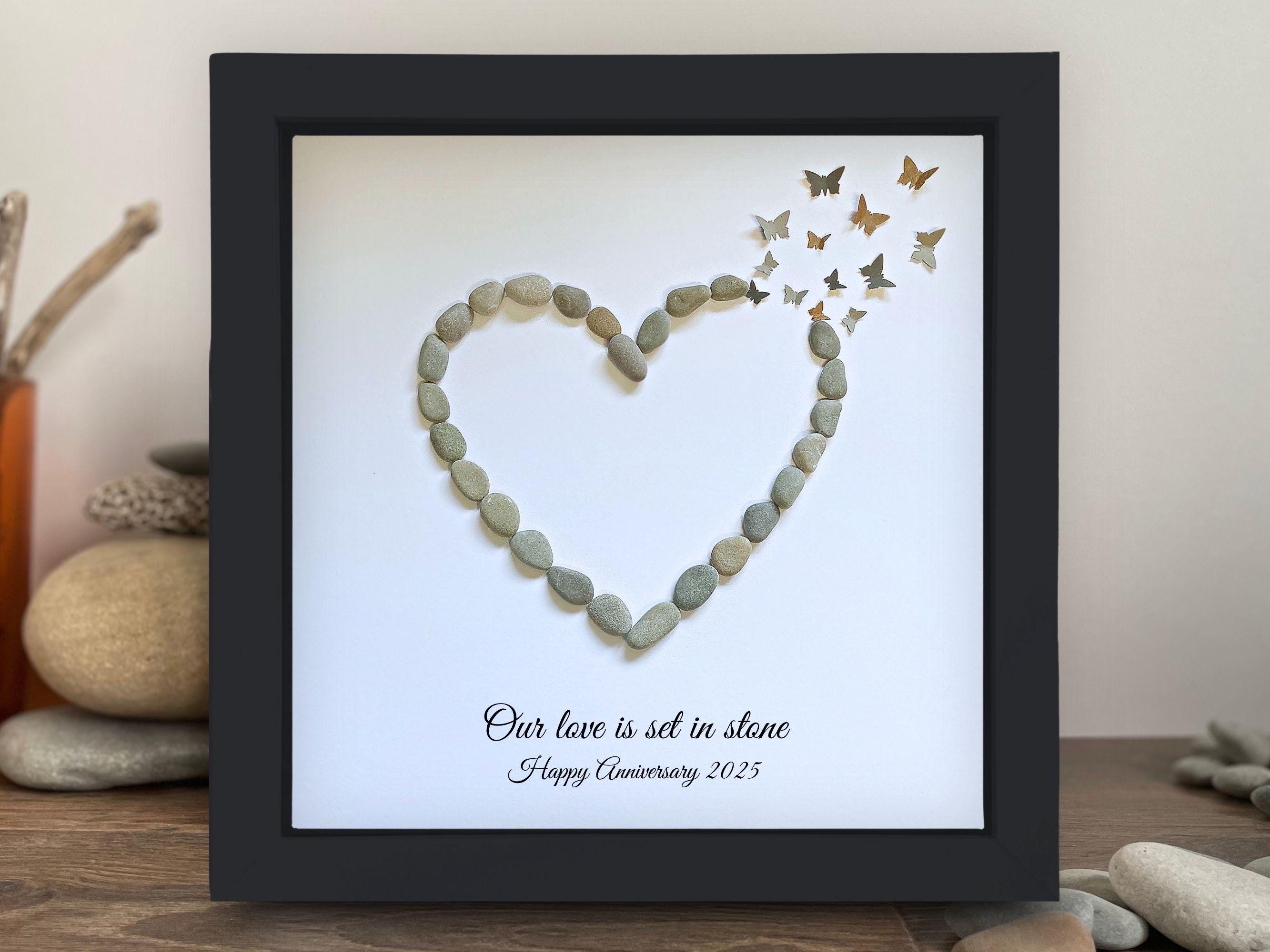 Personalised Pebble Art Heart, Unusual Anniversary gift, Beach Wedding present, Framed unique butterfly picture, Stone art for Couples