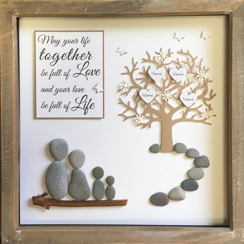 Pebble Art Family Tree Gallery wall home decor hand made to order unique Wedding gift personalised /& customised to the couple family 33cm