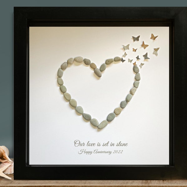 Personalised Pebble Art Heart, Unusual Anniversary gift, Beach wedding present, Framed unique butterfly picture,