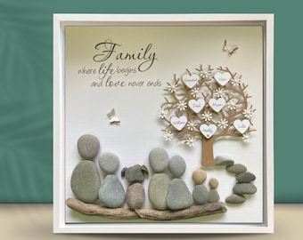 Personalised Beach Pebble Family Tree Picture, Rock family art gift, Family frame with pets, Pebble Art Portrait, Dad birthday gift