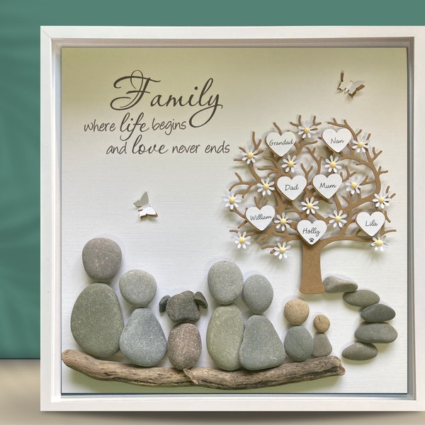 Personalised Beach Pebble Family Tree Picture, Rock family art gift, Family frame with pets, Pebble Art Portrait, Dad birthday gift