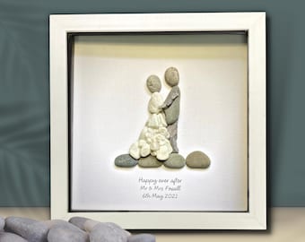 Wedding gift for a couple, Mr and Mrs Personalised Unique Pebble Art picture, Framed Pebble People stone wall art, Beach theme wedding gift