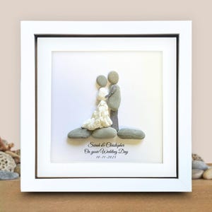 Unique Pebble Art Wedding gift for a couple, Personalised Framed picture present,  Stone People Beach Rock gift, Mr and Mrs or same gender