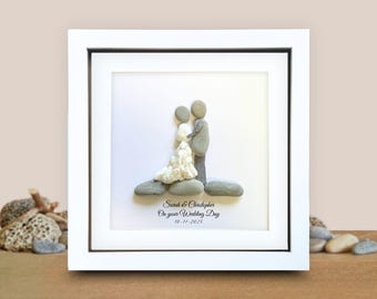 Unique Pebble Art Wedding gift for a couple, Personalised Framed picture present,  Stone People Beach Rock gift, Mr and Mrs or same gender