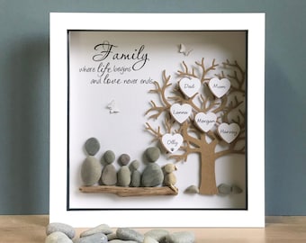 Pebble art Family Tree, family gift, Parent gift, Anniversary Picture ideal unique gift, Adoption Day gift, unique gifts made to order.