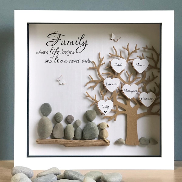 Pebble art Family Tree, family gift, Parent gift, Anniversary Picture ideal unique gift, Adoption Day gift, unique gifts made to order.