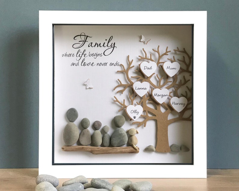 Pebble art Family Tree, family gift, Parent gift, Anniversary Picture ideal unique gift, Adoption Day gift, unique gifts made to order. 