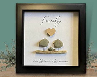 New baby gift for first time parents, Birds pebble art family picture.