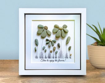 Personalised Pebble Art Flower Picture: Nature Inspired Retirement Keepsake Gift