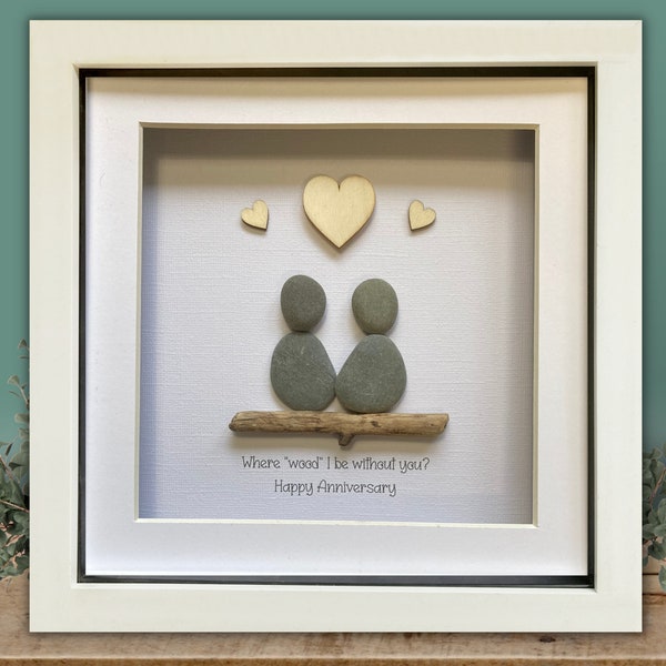 Unique 5th Wedding Anniversary Gift.  Personalised Pebble Art.  Wooden anniversary present for husband or wife for 5 year milestone.