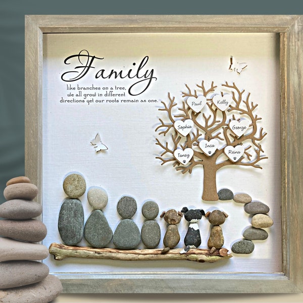 Personalised Pebble Art framed Family Tree picture, Shadow box Coastal wall art, Thoughtful gift for Mom, Whimsical Surf Decor for Dad