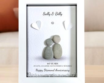 Diamond Anniversary Pebble Art Framed Picture, Personalised 60th Anniversary keepsake gift for couples