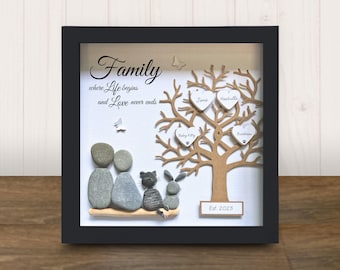 Pebble Art Family Tree with Pets, Personalised Picture gift for the home