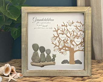 Grandchildren Personalised Pebble Art Family Tree picture, Special gift for Grandparents, Grandmother Gifts, Birthday frame for Grandad,