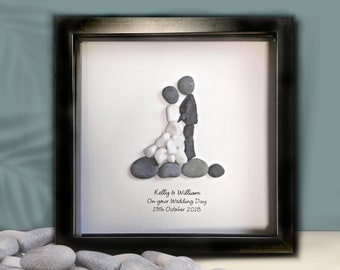 Custom wedding gift for couple, Personalised unique Pebble Art picture, framed rustic gift , stone wall art, ideal for beach wedding theme