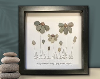 Unique Retirement gifts for Women, Personalized Pebble Art Daisy Flower picture frame, Special Friend Ladies Leaving gift, Farewell, Teacher