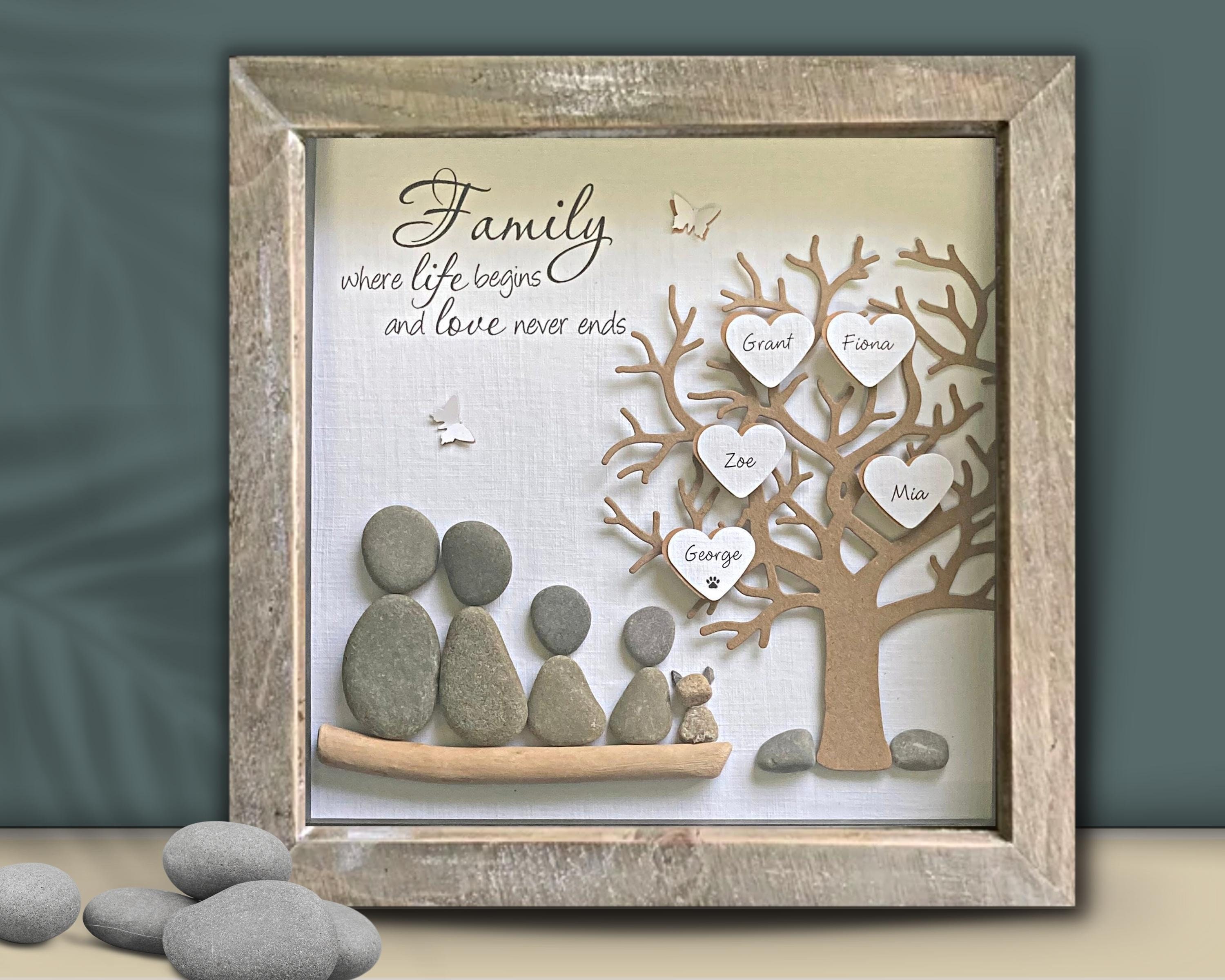 Family Pebble Art Pebble Picture Mums birthday gift for her Blossom Tree Mothers day Framed Pebble Personalised Family Pebble Picture